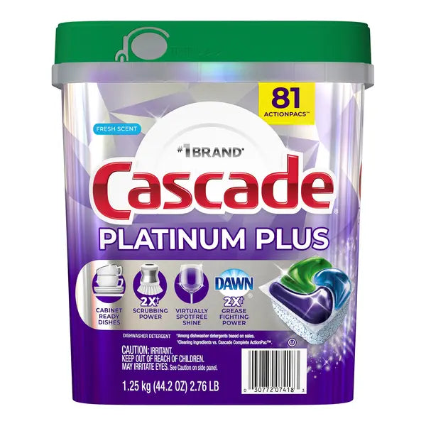 Cascade Platinum Plus Dishwasher Detergent ActionPacs, Fresh, 81-count