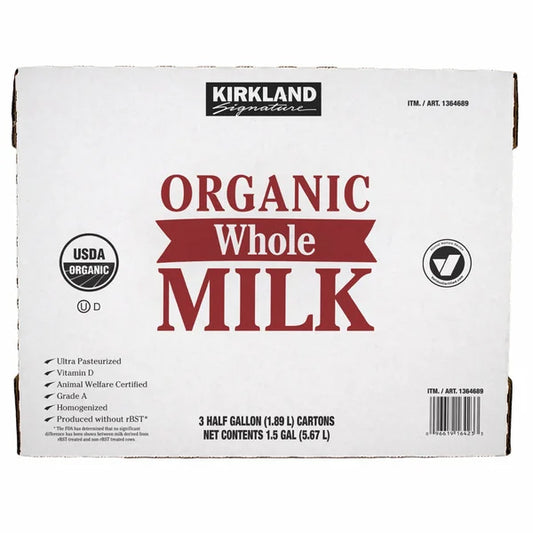 Leche entera orgánica Kirkland Signature, medio galón, 3 unidades