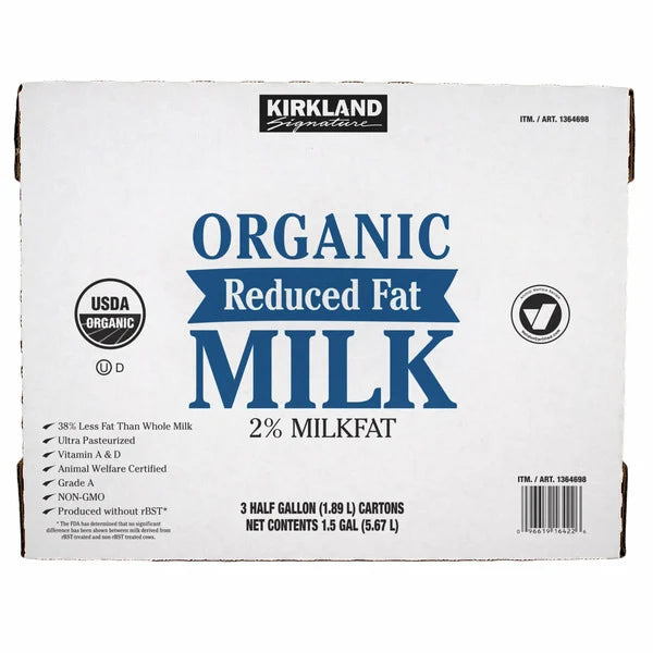 Leche orgánica Kirkland Signature reducida en grasa al 2 %, medio galón, 3 unidades