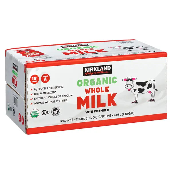 Leche entera orgánica Kirkland Signature, 8 fl oz, 18 unidades