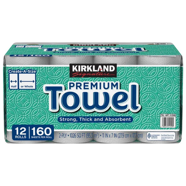 Kirkland Signature Paper Towels, 2-Ply, 160 Sheets, 12 Individually Wrapped Rolls