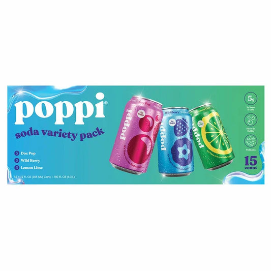 Poppi Prebiotic Soda, Fall Variety Pack, 12 fl oz, 15-count