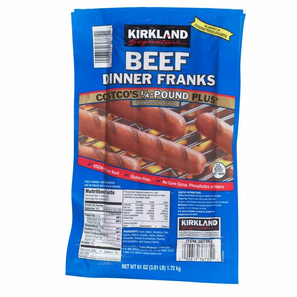 Salchichas de carne de res Kirkland Signature, 1/4 lb Plus de Costco, 14 salchichas, 3,81 lb