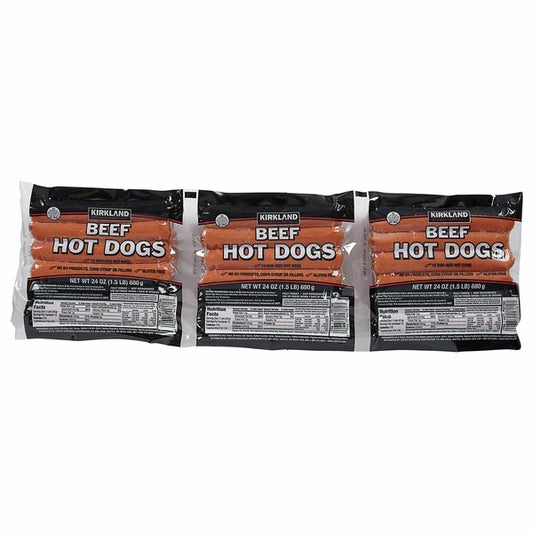 Perritos calientes de carne de res Kirkland Signature, 12 salchichas, 1,5 libras, 3 unidades