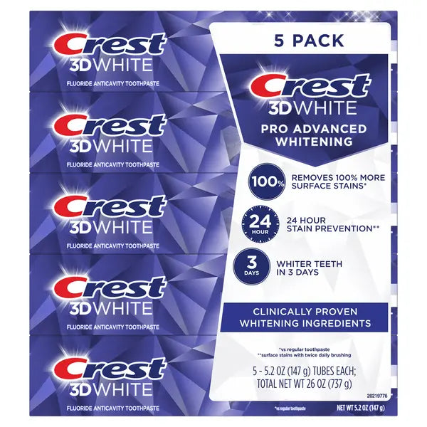 Crest 3D White Advanced Whitening Toothpaste, 5.2 oz, 5-count