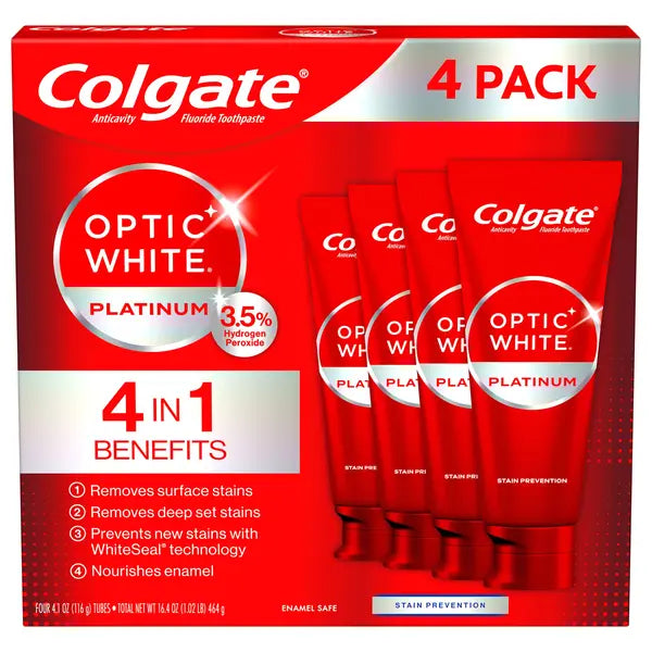 Colgate Optic White Platinum Toothpaste, 4.1 oz, 4-pack