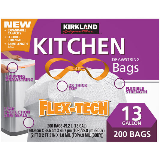 Bolsa de basura para cocina Flex-Tech de Kirkland Signature, 13 galones, 200 unidades