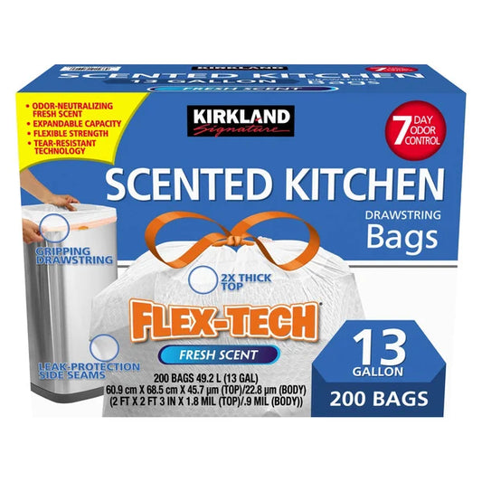 Bolsas de basura perfumadas para cocina Flex-Tech de Kirkland Signature, 13 galones, 200 unidades