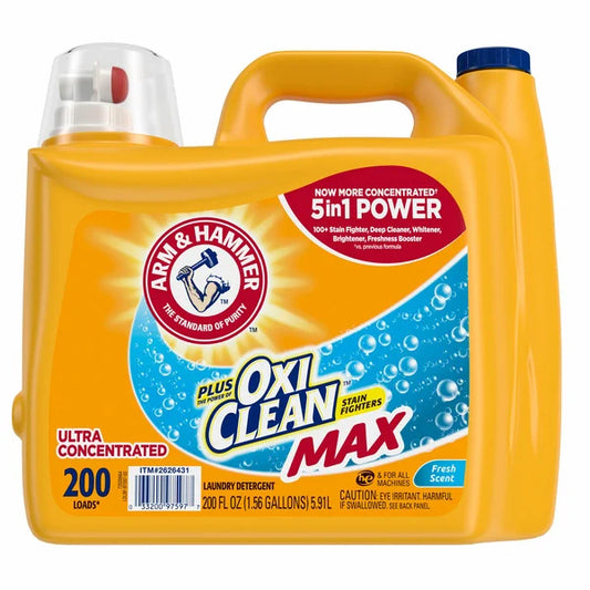 Detergente líquido para ropa Arm &amp; Hammer Plus OxiClean Max HE, fresco, 200 cargas, 200 fl oz