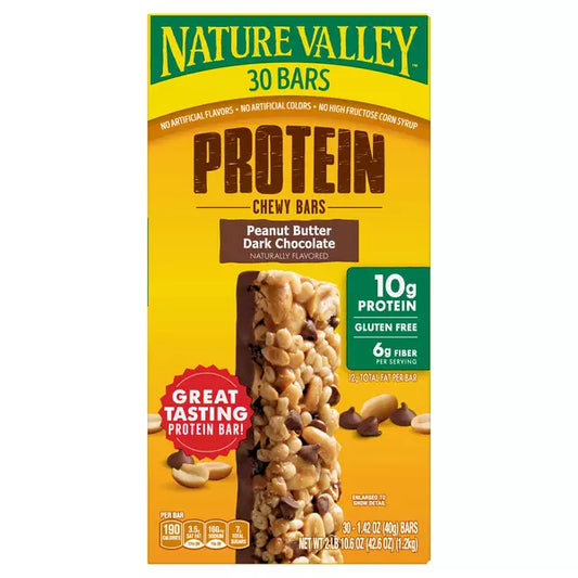 Barra de proteína Nature Valley, mantequilla de maní y chocolate amargo, 1,42 oz, 30 unidades