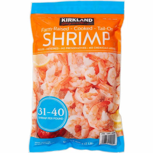 Kirkland Signature Farm-Raised Cooked Shrimp, Tail-On, Peeled, Deveined, 31-40-count, 2 lbs